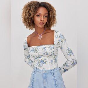 Cider Santorini Beach Vacation Floral Square Neck Ruched Bodysuit